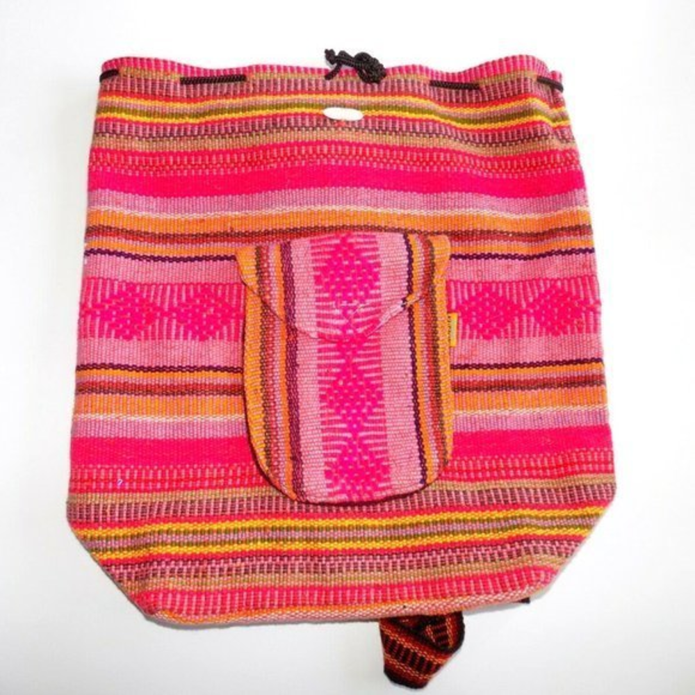 Artesanias MR Molina Woven Backpack Pink Orange Geometric Boho Drawstring Bag